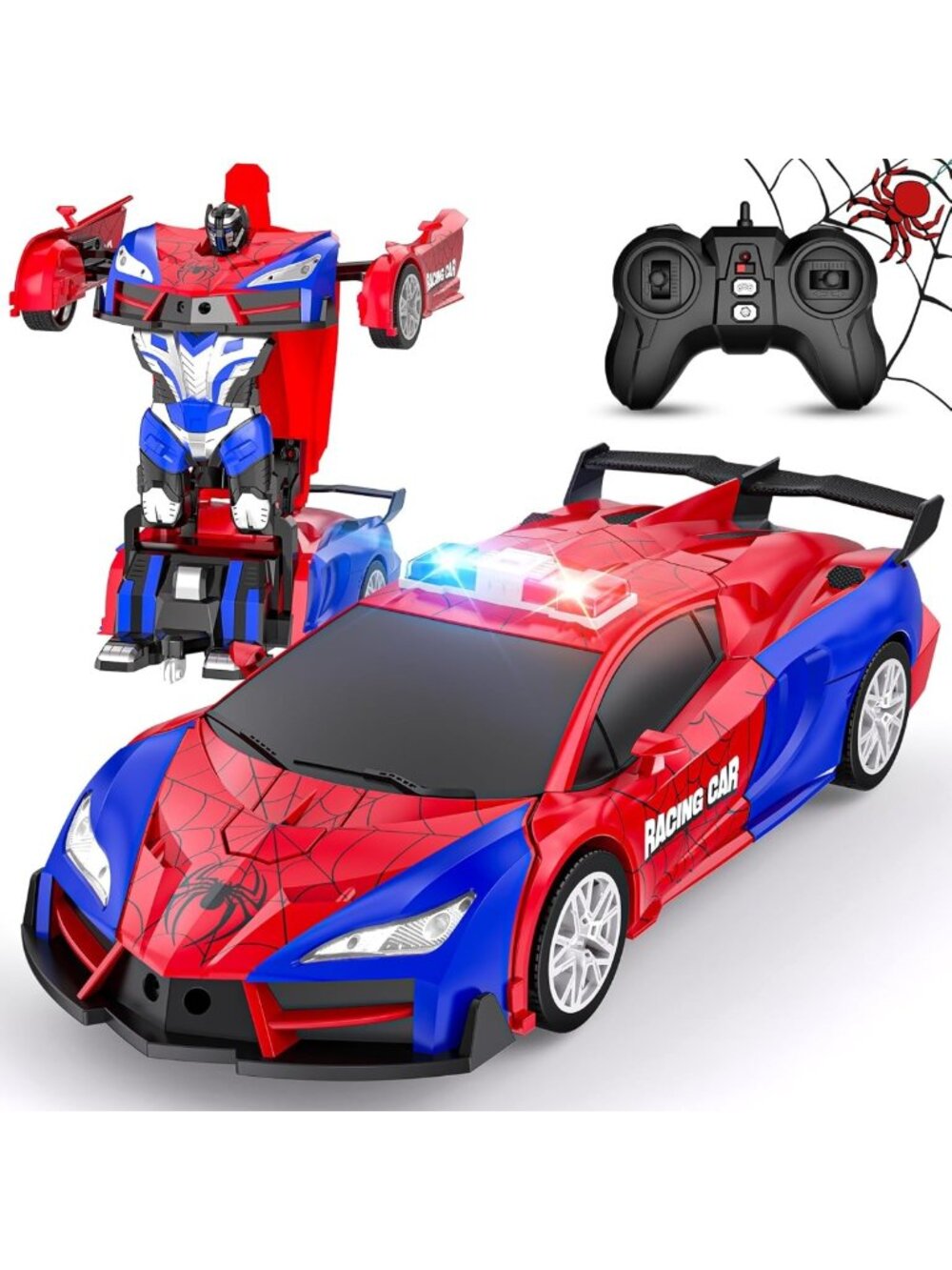 Transforming RC Car to Robot, 2.4GHz Police Car with Lights, 360° Rotation Toy